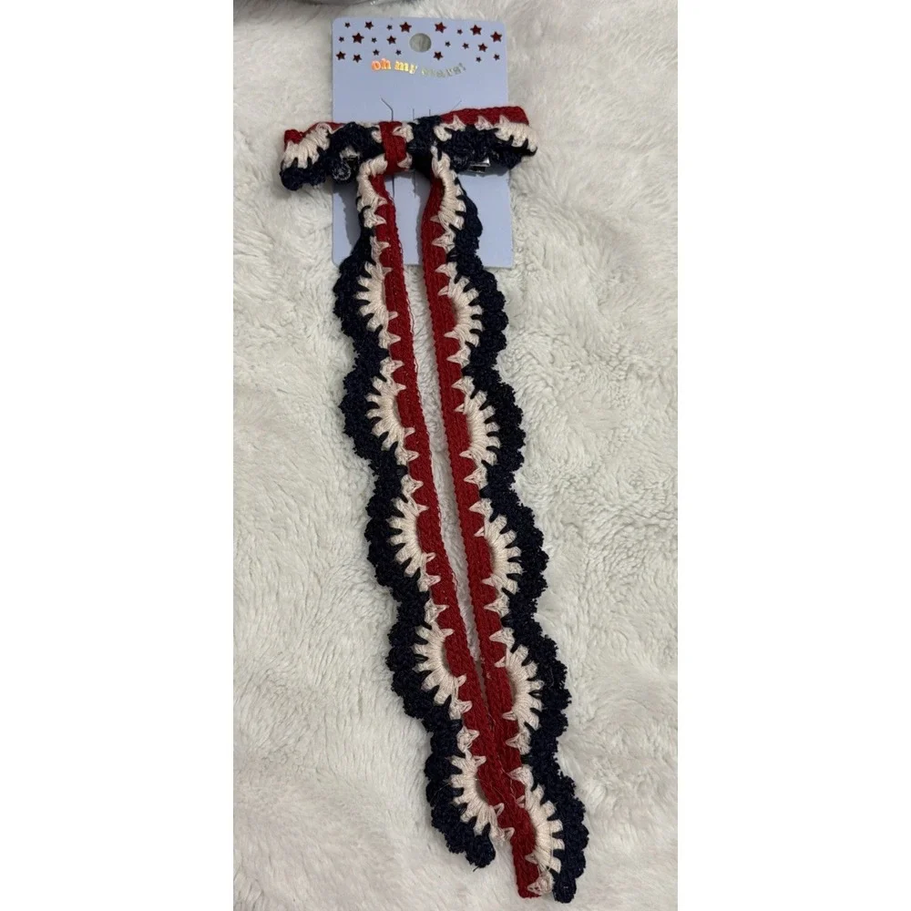 Oh My Stars! Crochet Scalloped Hair Bow girls OS Red White Blue Patriotic